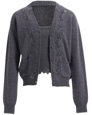 Elie Saab Lace-Trim Knit Cardigan And Top Set - Gray