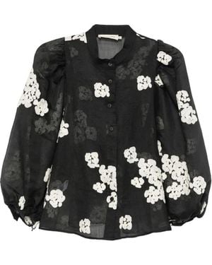 MOUTAKI Floral-Embroidered Puff-Sleeve Shirt - Black