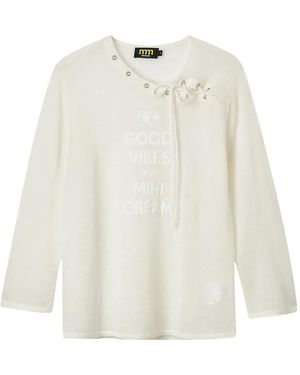 Mini Cream Langärmeliger Pullover Mit Asymmetrischem Kragen - Weiß