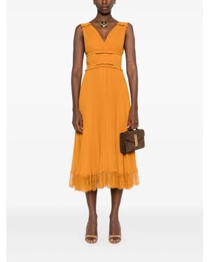 Self-Portrait Pleated Lace-Trimmed Dress - Orange