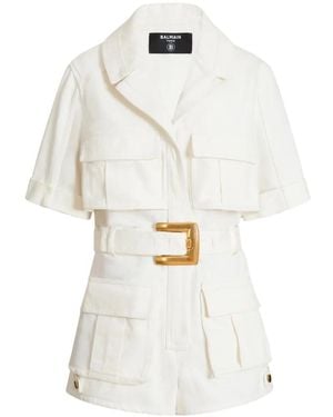 Balmain Belted Denim Playsuit - White
