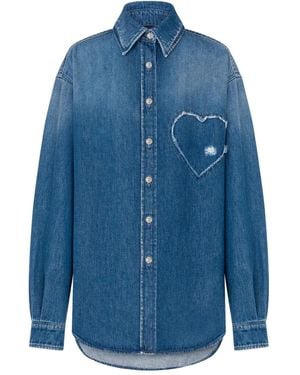 Moschino Frayed Heart Patch Denim Shirt - Blue