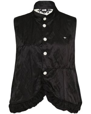 Renli Su Curved-Hem Floral-Button Vest - Black