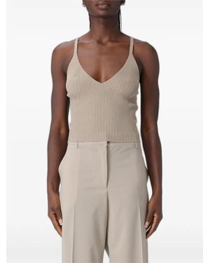 Emporio Armani Ribbed-Knit V-Neck Top - Natural