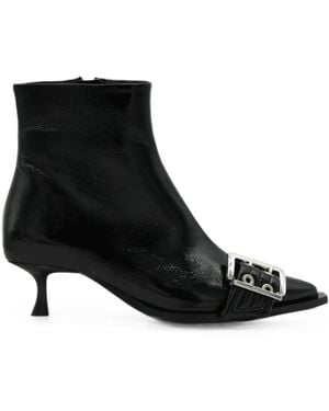 Ganni Buckle-Detail Pointed-Toe Ankle Boots - Black