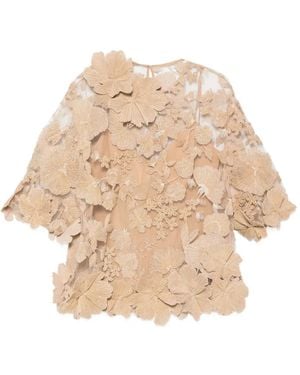 Elie Saab Floral-Appliqué Mesh Top - Natural