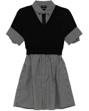 we11done Layered Gingham-Print Dress - Black