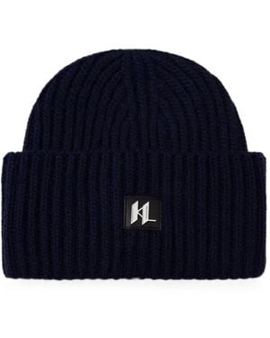 KARL LAGERFELD Logo-Plaque Ribbed-Knit Beanie Hat - Blue