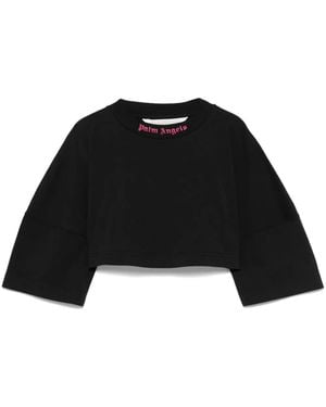 Palm Angels Cropped T-Shirt With Print - Black