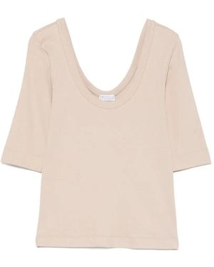 Brunello Cucinelli Scoop-Neck Elbow-Sleeve T-Shirt - Natural