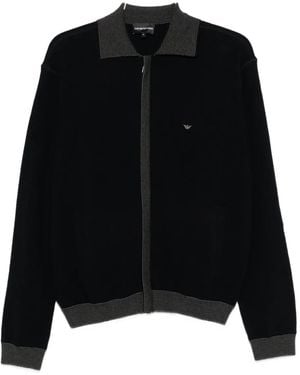 Emporio Armani Ribbed-Trimmed Zip-Up Cardigan - Black