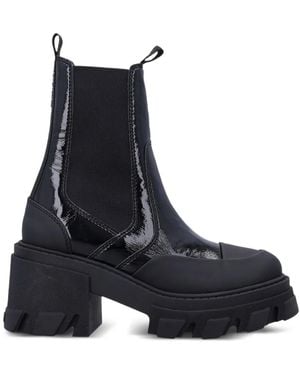 Ganni Patent-Leather Cleated Chelsea Boots - Black
