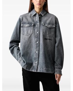 KARL LAGERFELD Logo-Embroidered Acid-Wash Denim Shirt - Grey
