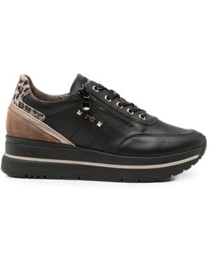 Nero Giardini Leopard-Print Paneled Leather Sneakers - Black