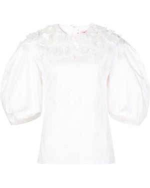 Carolina Herrera Floral Appliqués Puff Sleeve Blouse - White