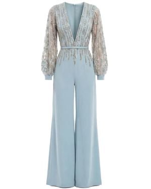 Saiid Kobeisy Beaded V-Neck Belted Jumpsuit - Blue