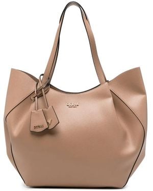 Guess Amorette Logo-Plaque Pebbled-Effect Shoulder Bag - Natural