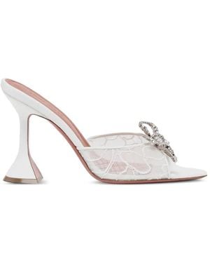 AMINA MUADDI Rosie Lace Slipper 95 Ivory Lace Slipper Sandals With Crystal Bow And Hourglass Heel - White