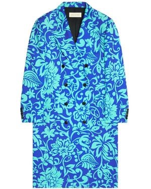 Dries Van Noten Floral-Print Double-Breasted Coat - Blue