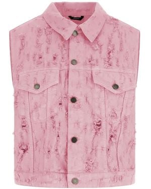 Haikure Fringed Chest-Pocket Denim Vest - Pink