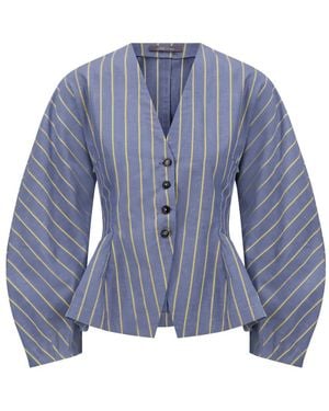 Lela Rose Striped V-Neck Blouse - Blue