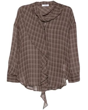 ELEH Check-Pattern Ruffled Blouse - Brown