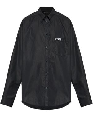 Balenciaga Logo-Embroidered Button-Down Shirt - Black