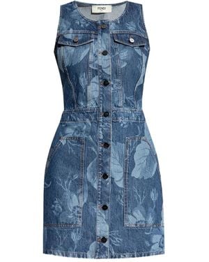 Fendi Floral-Print Denim Dress - Blue