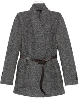 Brunello Cucinelli Herringbone-Pattern Belted Jacket - Grey