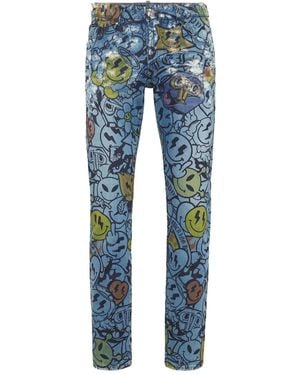 Philipp Plein Smile-Print Distressed Jeans - Blue