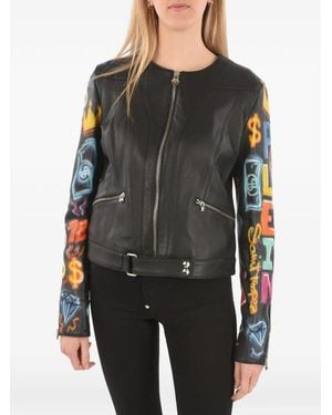 Philipp Plein Graffiti-Printed Leather Jacket - Black