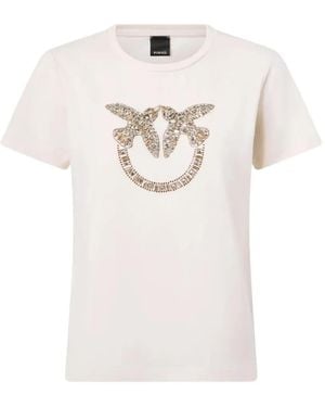 Pinko T-Shirt With Bejewelled Love Birds Logo - White
