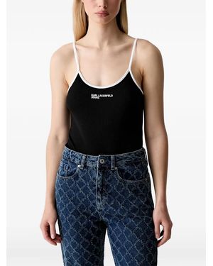 KARL LAGERFELD Ribbed-Knit Logo-Print Bodysuit - Black