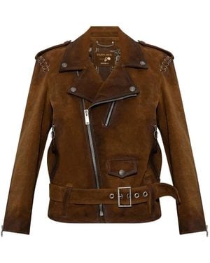 Golden Goose Veste En Cuir À Taille Ceinturée - Brown