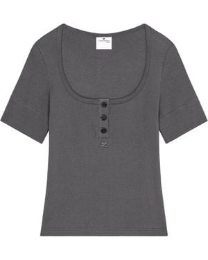 Courreges T-Shirt Côtelé À Col Boutonné - Gris
