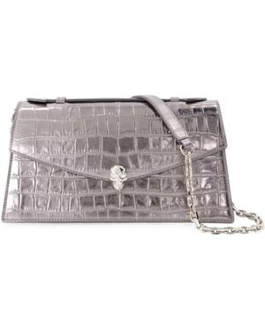 McQueen Skull Crocodile-Effect Cross Body Bag - Grey