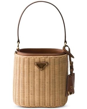 Prada Wicker And Leather Bucket Bag - White