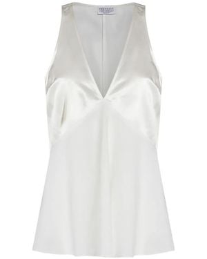 Brunello Cucinelli Satin-Finish V-Neck Top - White