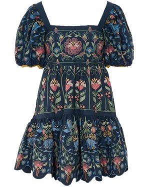 FARM Rio Floral-Embroidered Puff-Sleeve Mini Dress - Blue
