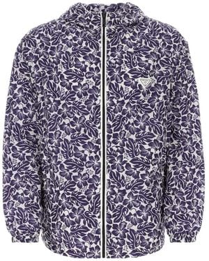 Prada Hibiscus-Print Hooded Windbreaker - Blue