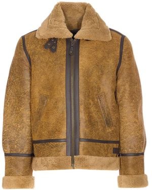 Schott Nyc Embroidered-Logo Leather Jacket - Brown