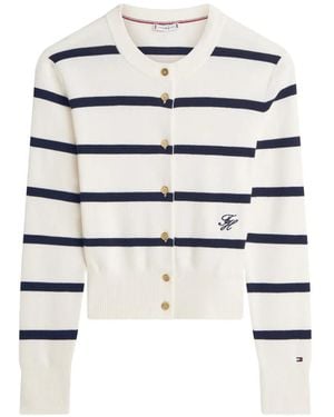 Tommy Hilfiger Premium Horizontal-Stripe Knitted Cotton Cardigan - White