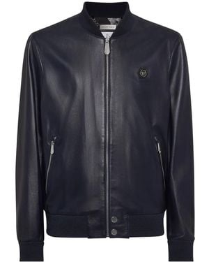 Philipp Plein Leather Bomber Jacket - Blue