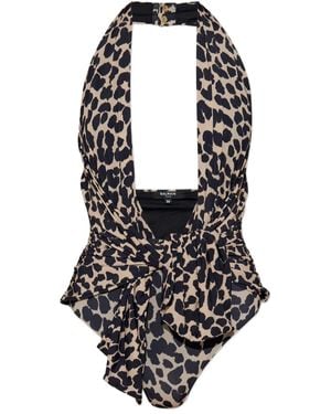Balmain Halter-Neck Leopard-Print Swimsuit - Black