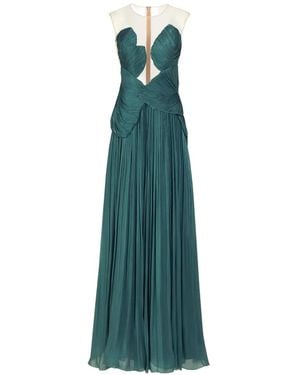 Costarellos Serenne Illusion-Neckline, Pleated Gown - Green