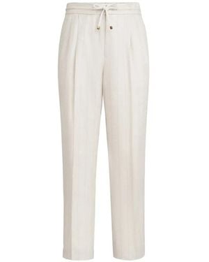 Brunello Cucinelli Linen Chalk Stripe Chevron Trousers With Drawstring And Double Pleats - White
