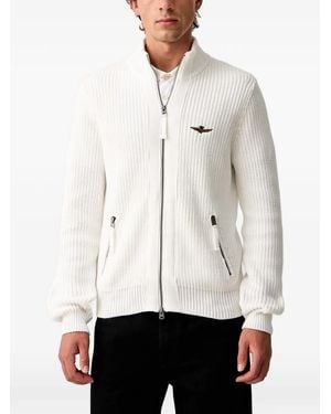 Aeronautica Militare Ribbed-Knit Logo-Embroidered Cardigan - White