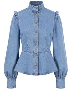 SOEUR & FRÈRES Pearl Peplum Denim Top - Blue