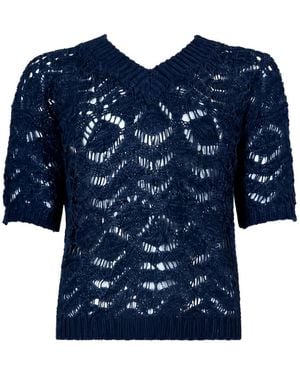 D.exterior Pull En Maille Ajourée À Col V - Bleu