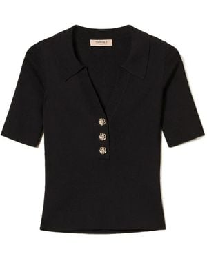 Twinset Jewel-Button Polo Top - Black